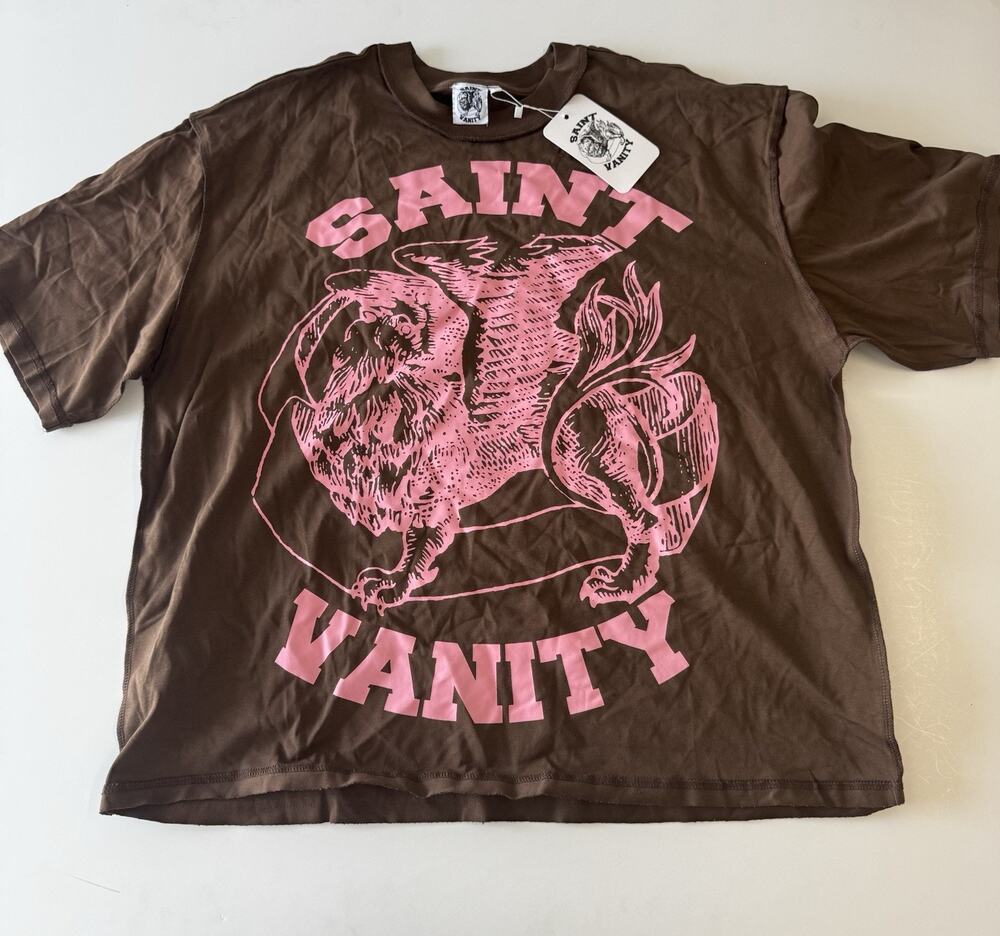 Saint Vanity Griffin Logo T-Shirt Size Large Brown/Pink